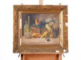 a painting of a still life with flowers and fruit on a easel
