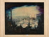 peinture d'une vue d'une ville avec une tour d'horloge au loin