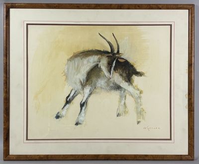 an oil painting of a goat in a frame on a wall
