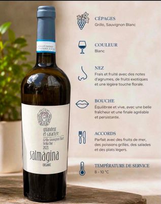 une bouteille de vin posée sur une table, à côté d'une plante