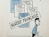 dessin représentant un homme tenant une pancarte sur laquelle on peut lire « Algérie française »