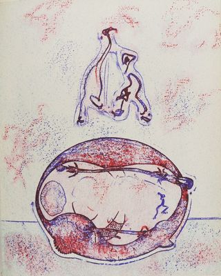 drawing of a woman sitting on a couch next to a bowl of food