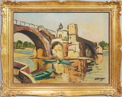 une peinture à l'huile représentant un pont enjambant un plan d'eau sur lequel naviguent des bateaux