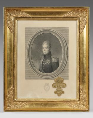 a framed portrait of a man in military uniform in a gold frame