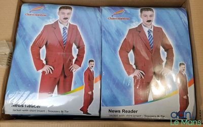 boxes of two men ' s red suits with a mustache and moustache