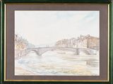 framed watercolor painting of a bridge over a river with buildings in the background