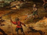 a painting of a boy and a dog playing with a stick