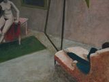 a painting of a woman sitting on a couch in front of a palm tree