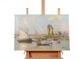 a picture of a painting on a easel with a boat in the water