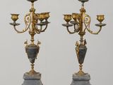 pair of antique brass and marble candelabs on pedestal