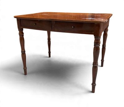 a wooden table with two drawers and a drawer underneath it