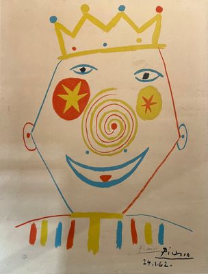 tableau représentant un clown portant une couronne et des étoiles sur le visage