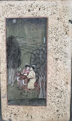 painting of a man and a woman sitting on a horse in a field