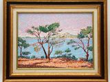 painting of a landscape with trees and a body of water