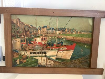 a picture of a painting of boats in a harbor