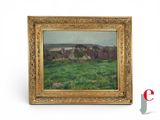 an image of a painting of cows grazing in a green field