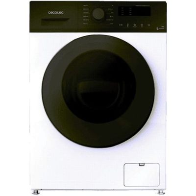 vue de face d'une machine à laver blanche dotée d'une porte noire