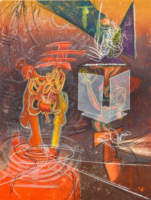 abstract painting of a fire hydrant with a fire hydrant in the foreground