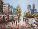 painting of a street scene with people walking down the street