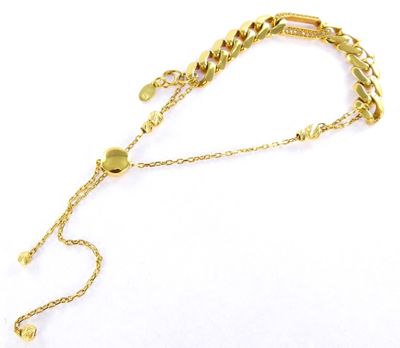 a close up of a gold chain with a coin on it