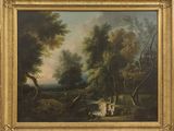 an image of a painting of a wooded landscape with a stream