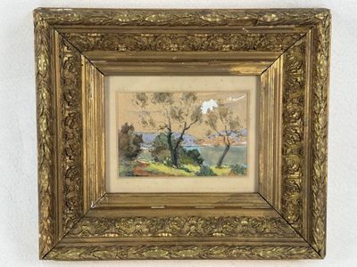 an image of a painting of a landscape with trees in a gold frame