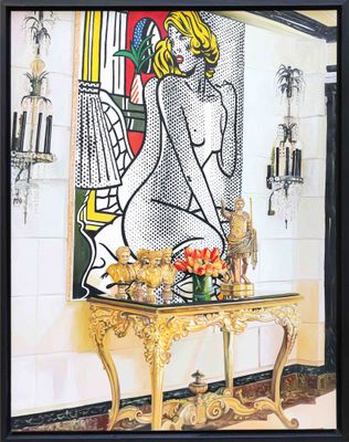 a painting on the wall of a room with a table and vases