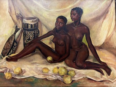 painting of two black women sitting on a blanket with apples