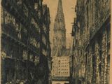 drawing of a canal in a city with tall buildings and a clock tower in the background