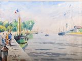 une peinture à l'aquarelle d'une scène portuaire avec des bateaux sur l'eau