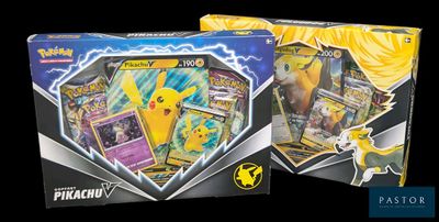 two boxes of pokemon cards are shown on a black background