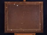 an old wooden easel with a painting on it on a black background
