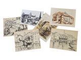 a bunch of drawings of buildings and buildings on a white background