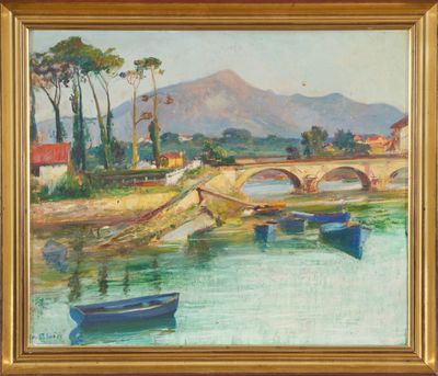 an oil painting of boats on a river with a bridge in the background