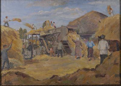 tableau représentant un groupe d'hommes en train de charger du foin dans un camion