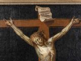 an image of a painting of jesus on the cross with a sign above it