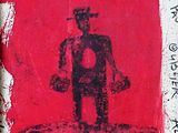 a picture of a man with a hat on a red background