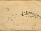 un vieux dessin représentant un château sur une colline, survolé par un oiseau