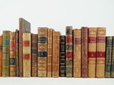 many old books lined up on a white surface