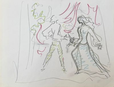 drawing of a man and a woman standing in front of a mirror