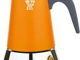 une cafetière orange et argentée sur fond blanc