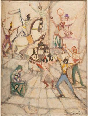 une image représentant un tableau où l'on voit un groupe de personnes jouant au frisbee