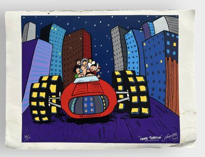 painting of a man and woman in a red car in a city at night