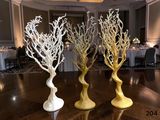three vases that have branches on them on a table