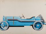 un dessin représentant une voiture bleue avec un système de direction et un volant