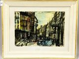 une peinture représentant une scène de rue en ville, avec des voitures et des bâtiments