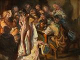 an image of a painting of a group of people gathered around a table