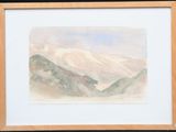 watercolor painting of a mountain scene with a sky and clouds