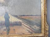 a picture of a painting of a man walking down the road