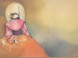 l'image d'une peinture représentant une femme assise sur une grosse boule orange